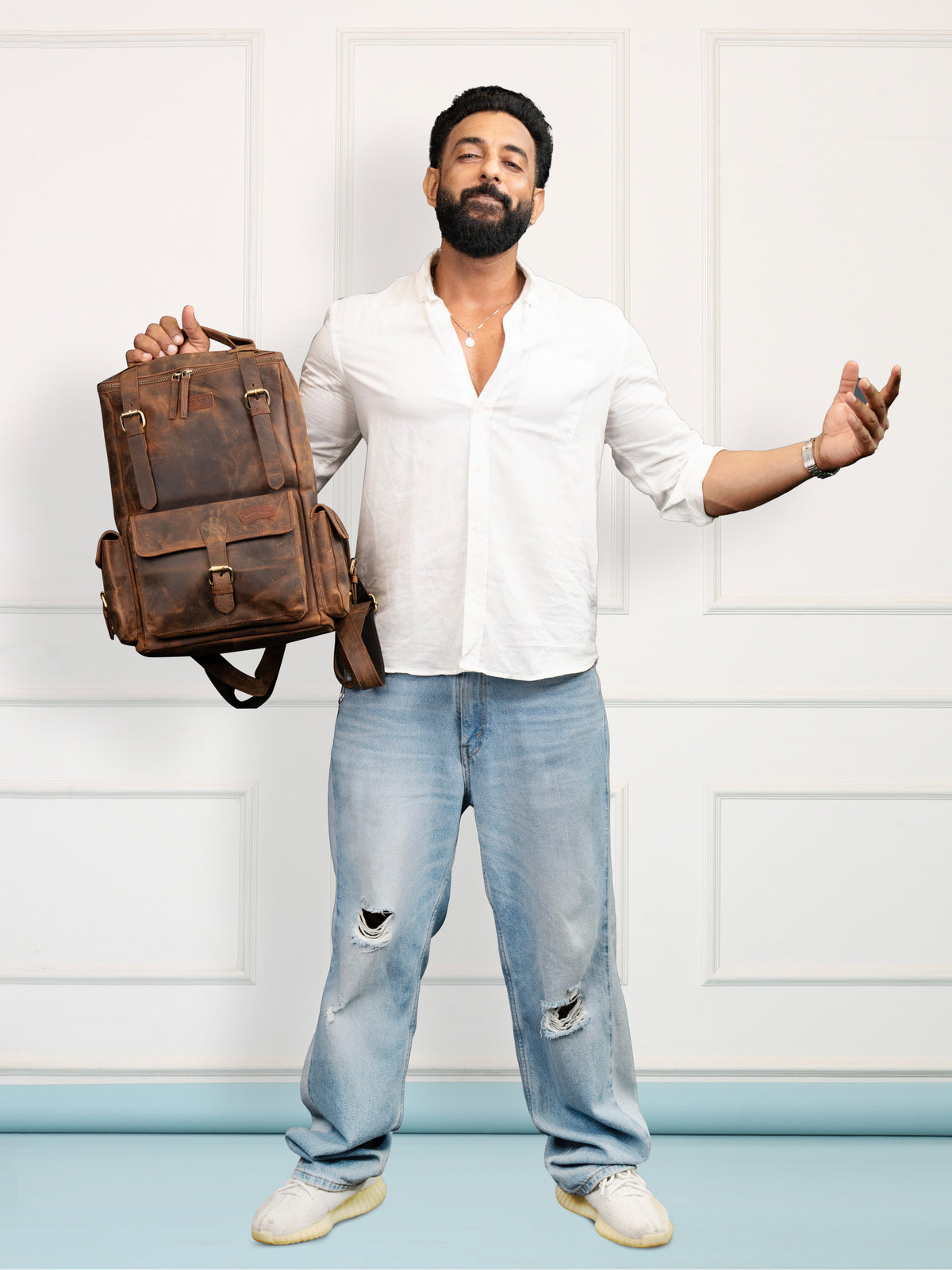brown leather backpack designer Signature Brown Leather Backpack – Rahul Makin's Signature Monogram Ed – Grabbish