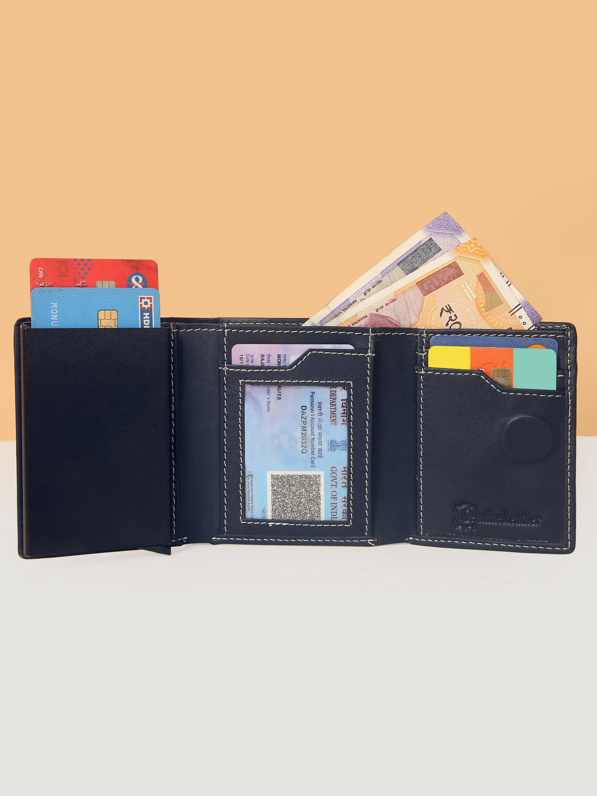 Blue Leather Trifold POP-UP Card Wallet – Unisex, RFID Protected