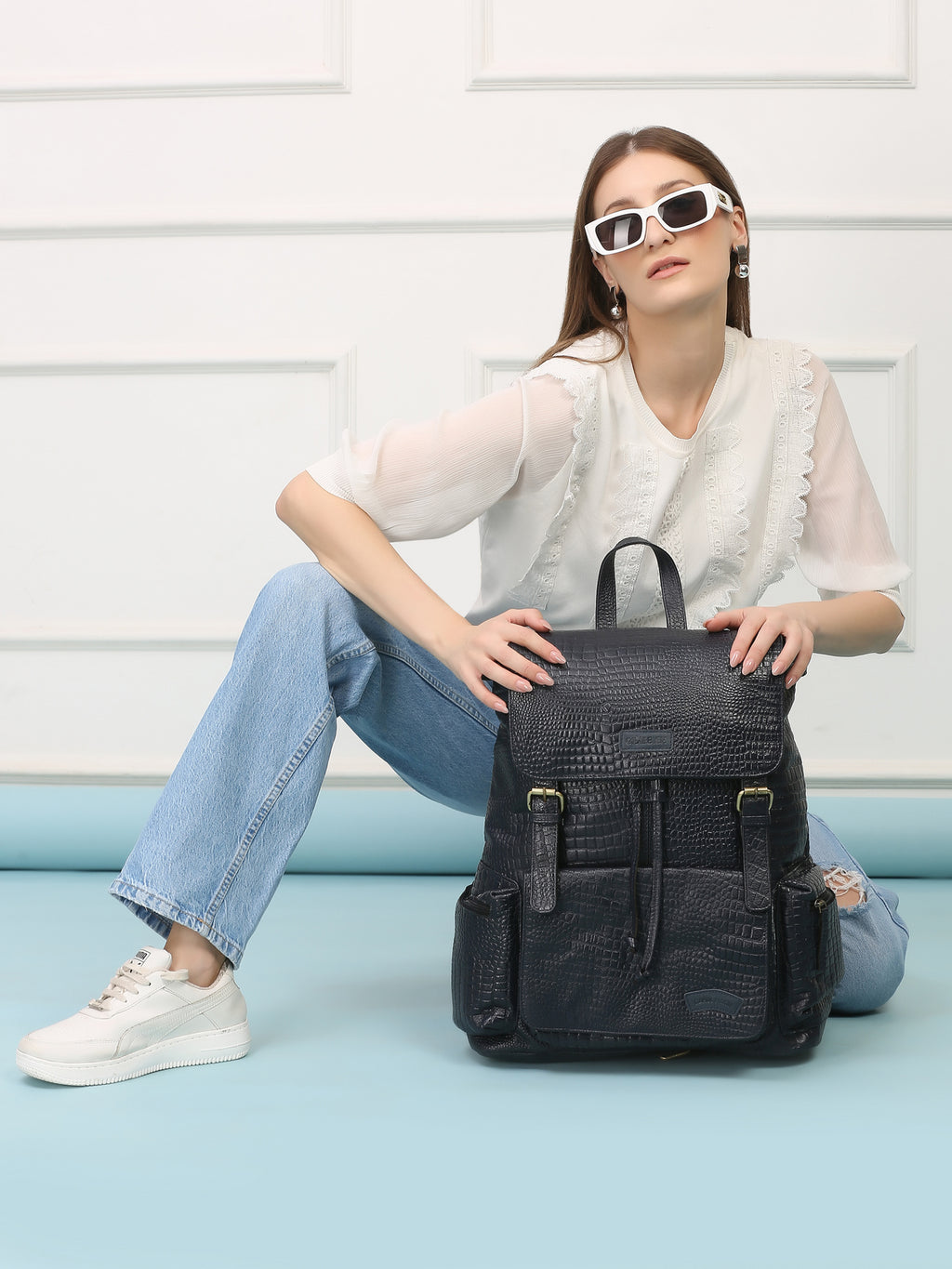 Blue Leather Backpack - Rahul Makin's Signature Monogram Edition | Stylish, Travel Ready, and Accessible