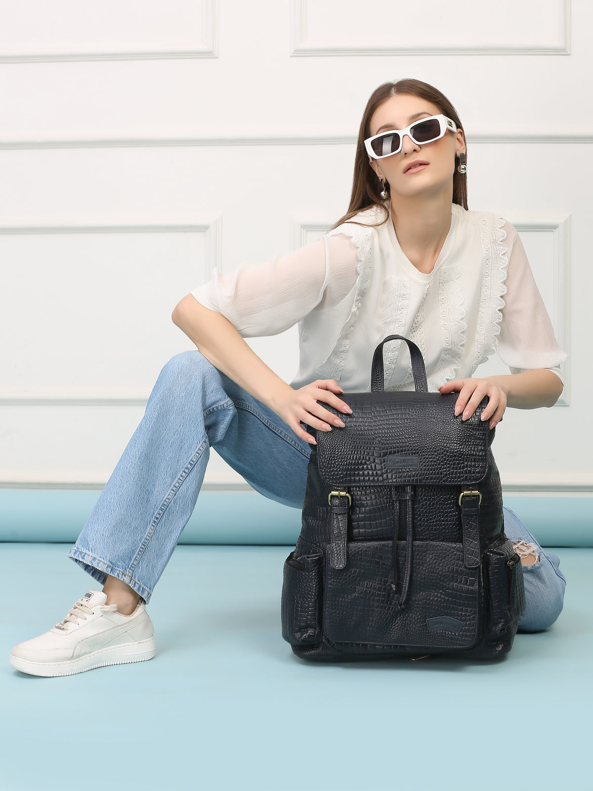 Blue Leather Backpack - Rahul Makin's Signature Monogram Edition | Stylish, Travel Ready, and Accessible