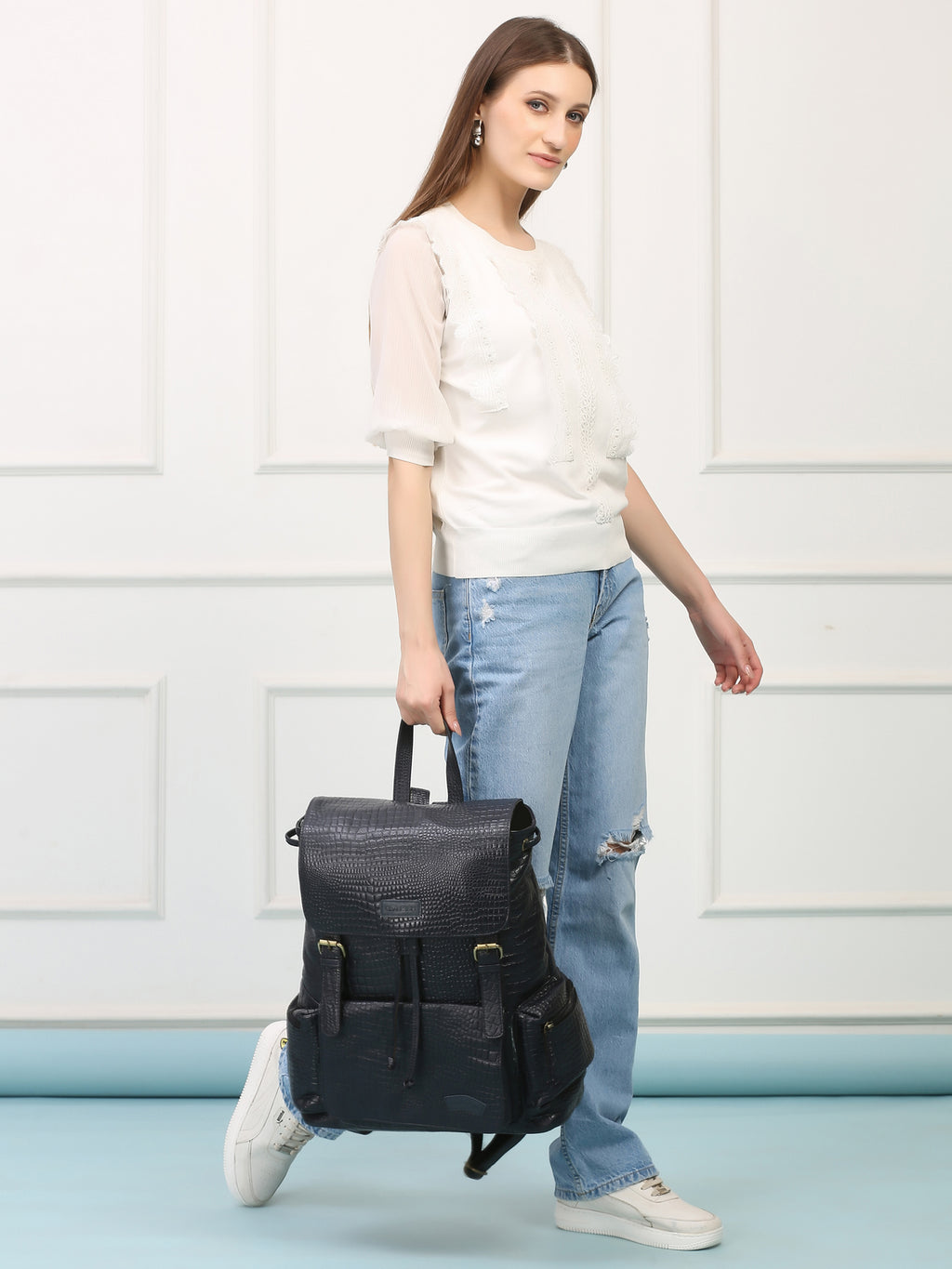 Blue Leather Backpack - Rahul Makin's Signature Monogram Edition | Stylish, Travel Ready, and Accessible