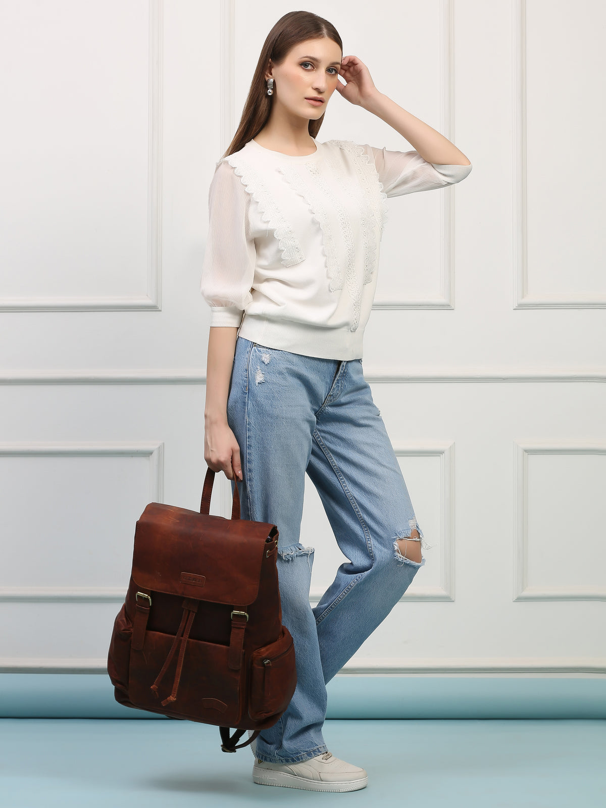 Brown Leather Backpack - Rahul Makin's Signature Monogram | Stylish, Travel Ready, and Accessible