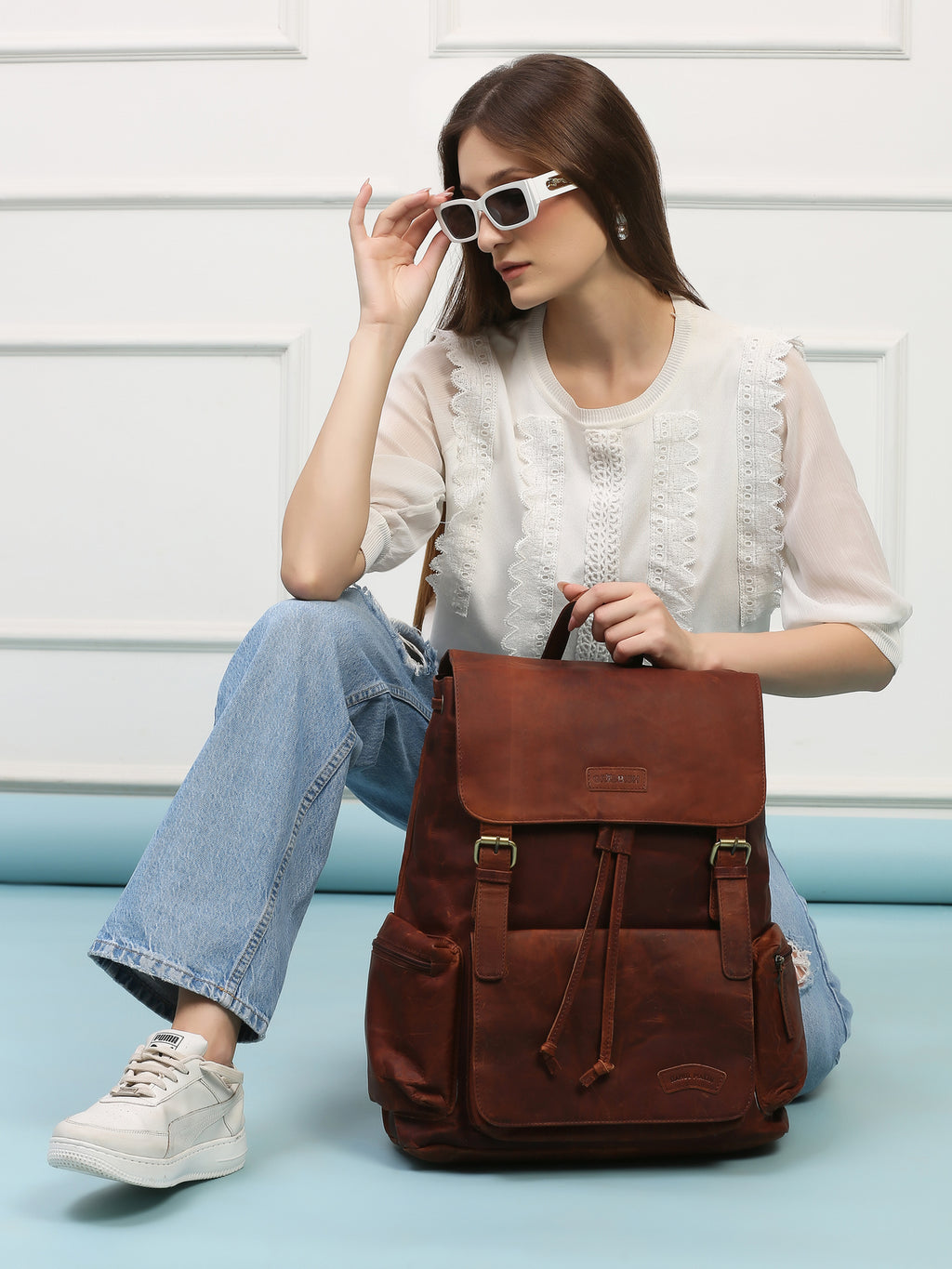 Brown Leather Backpack - Rahul Makin's Signature Monogram | Stylish, Travel Ready, and Accessible