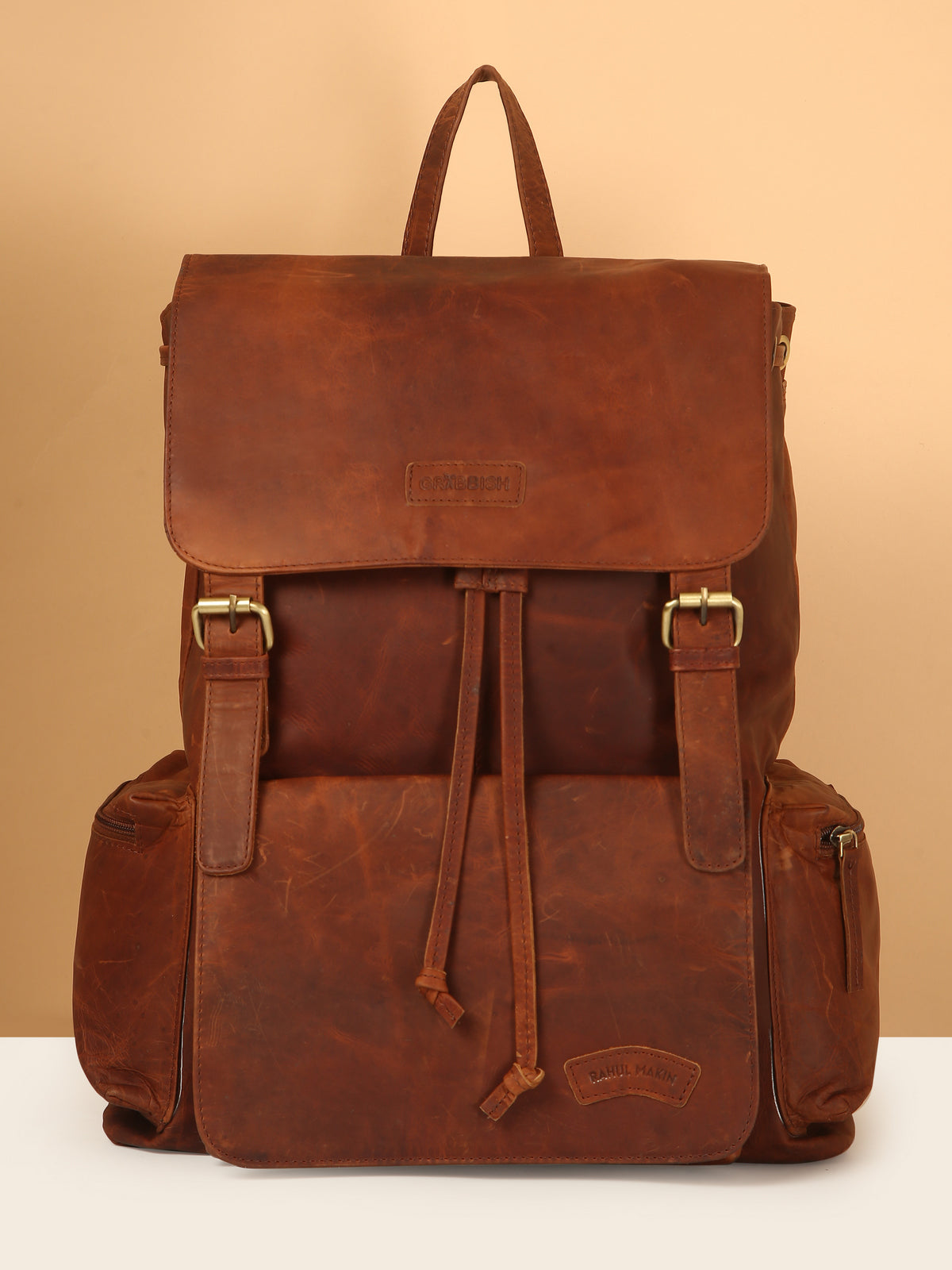 Brown Leather Backpack - Rahul Makin's Signature Monogram | Stylish, Travel Ready, and Accessible