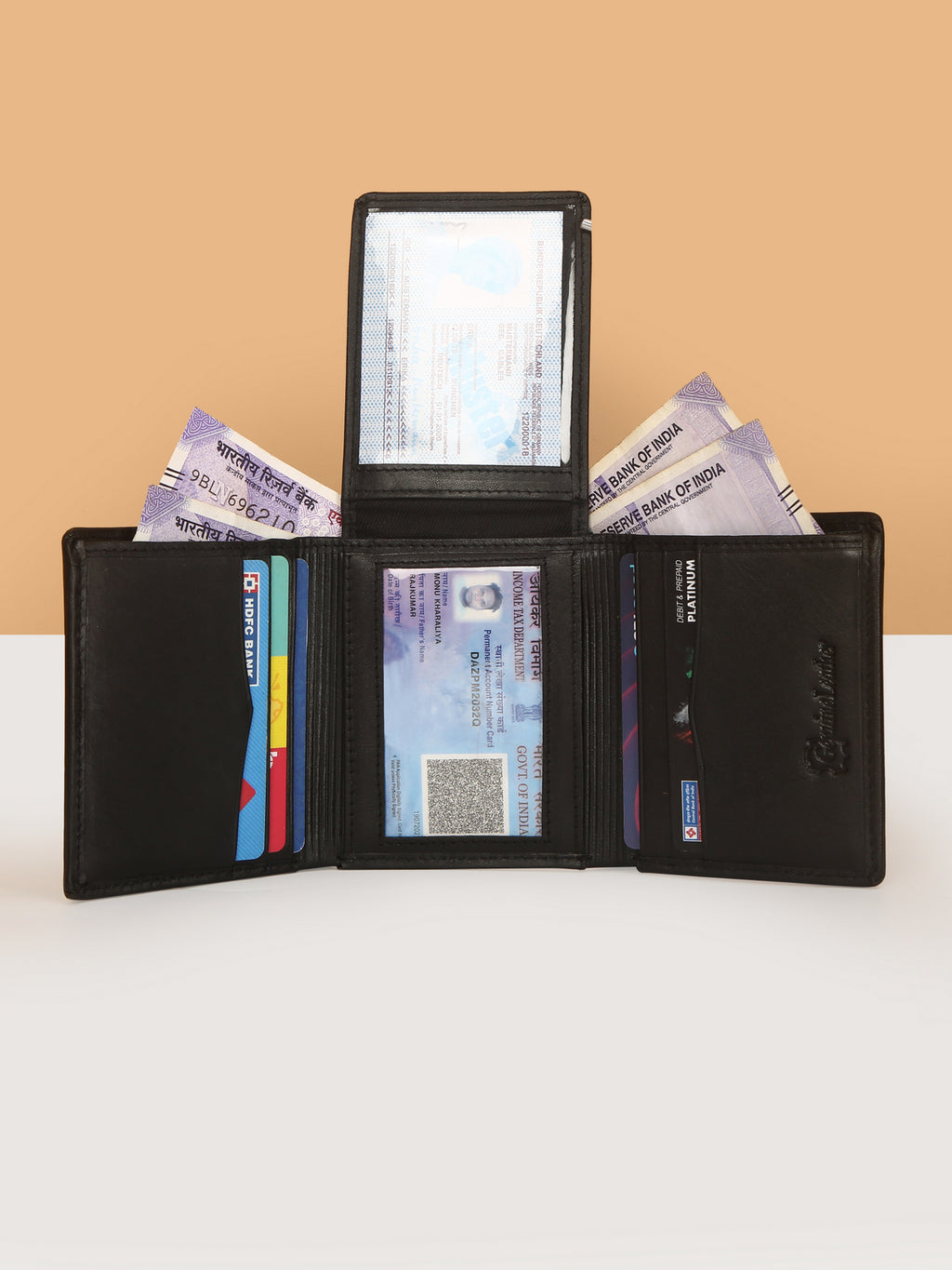 Black Trifold Leather Mens Wallet