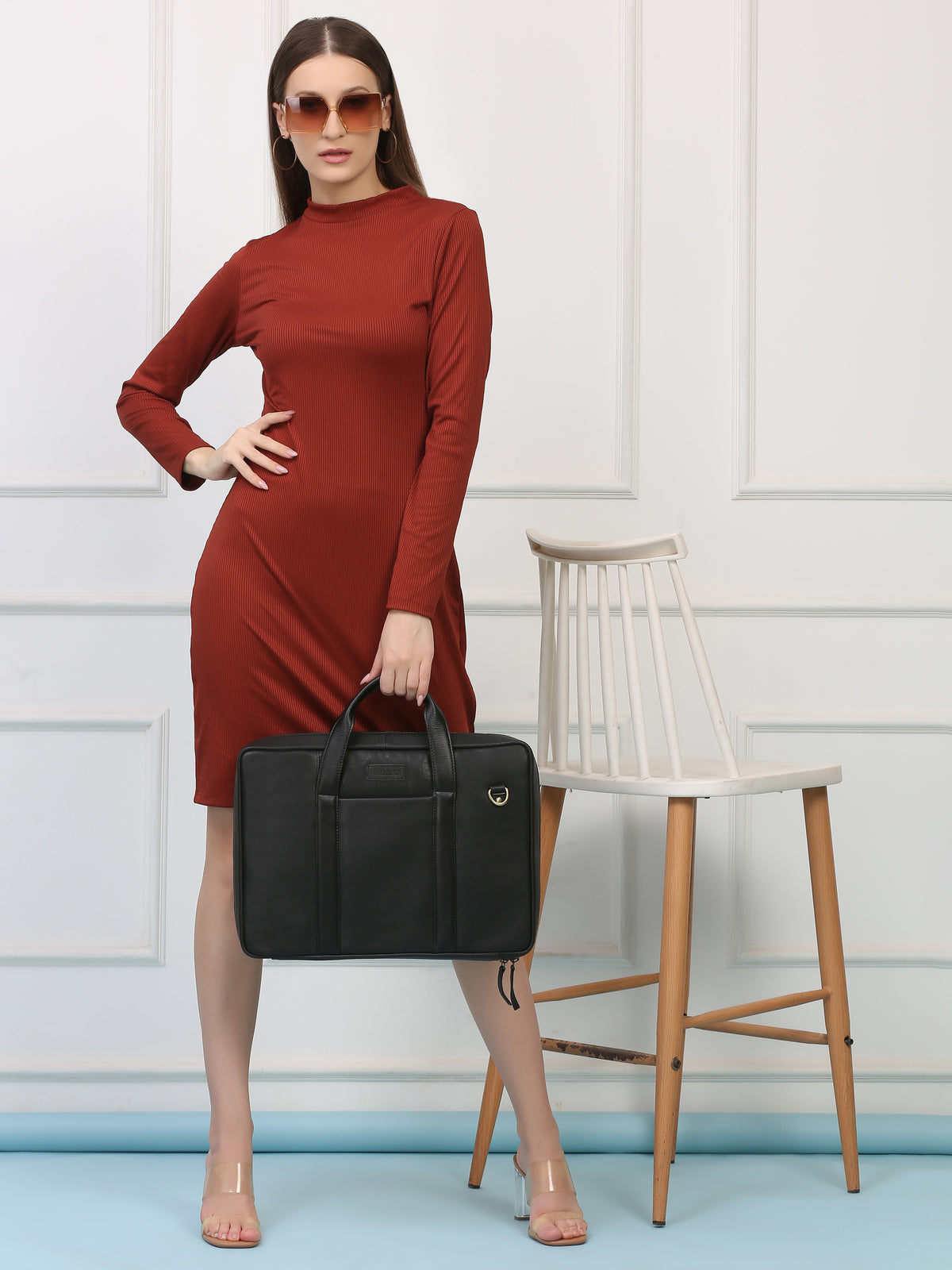 Black Leather Travel Laptop Briefcase – Full-Zip, Spacious