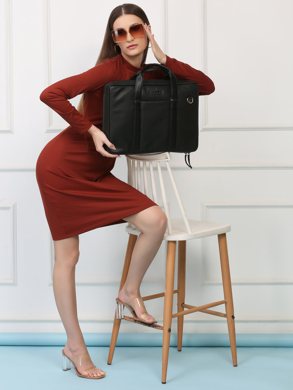 Black Leather Travel Laptop Briefcase – Full-Zip, Spacious