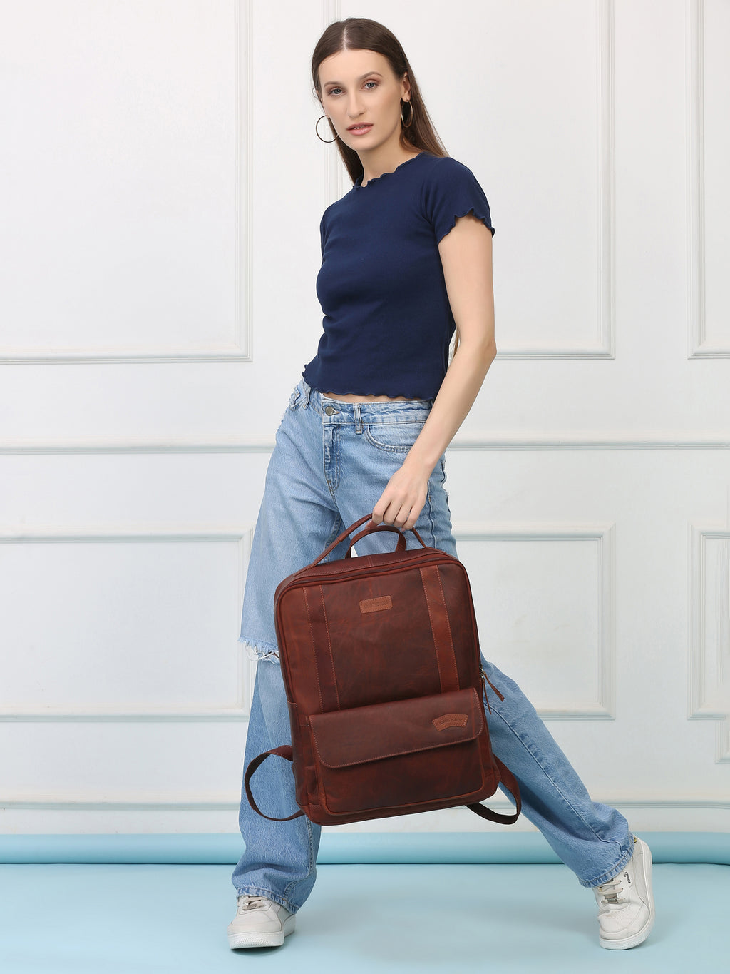 Brown Leather Backpack – Rahul Makin's Signature Monogram Edition | Stylish, Compact & Everyday Ready