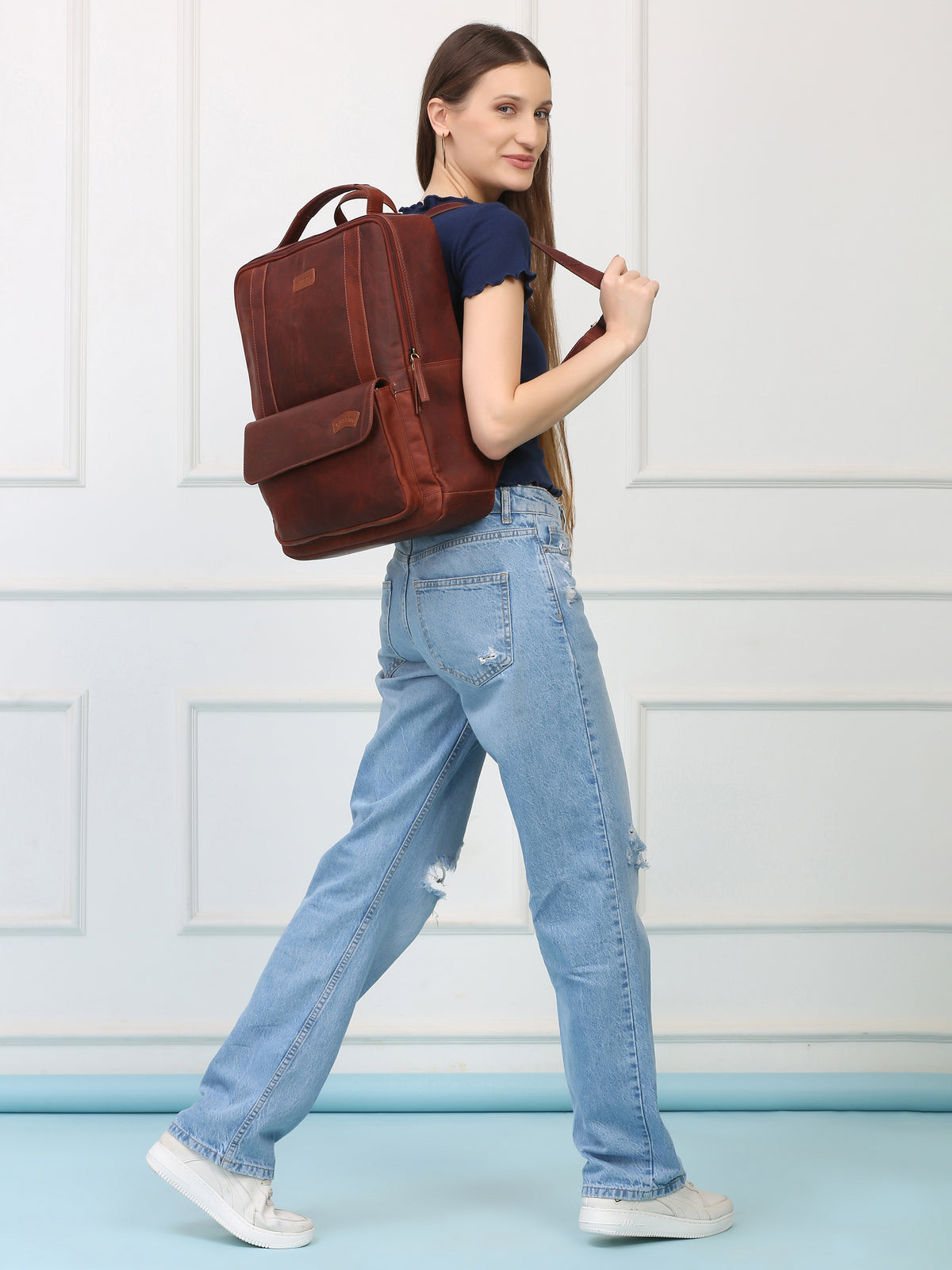 Brown Leather Backpack – Rahul Makin's Signature Monogram Edition | Stylish, Compact & Everyday Ready