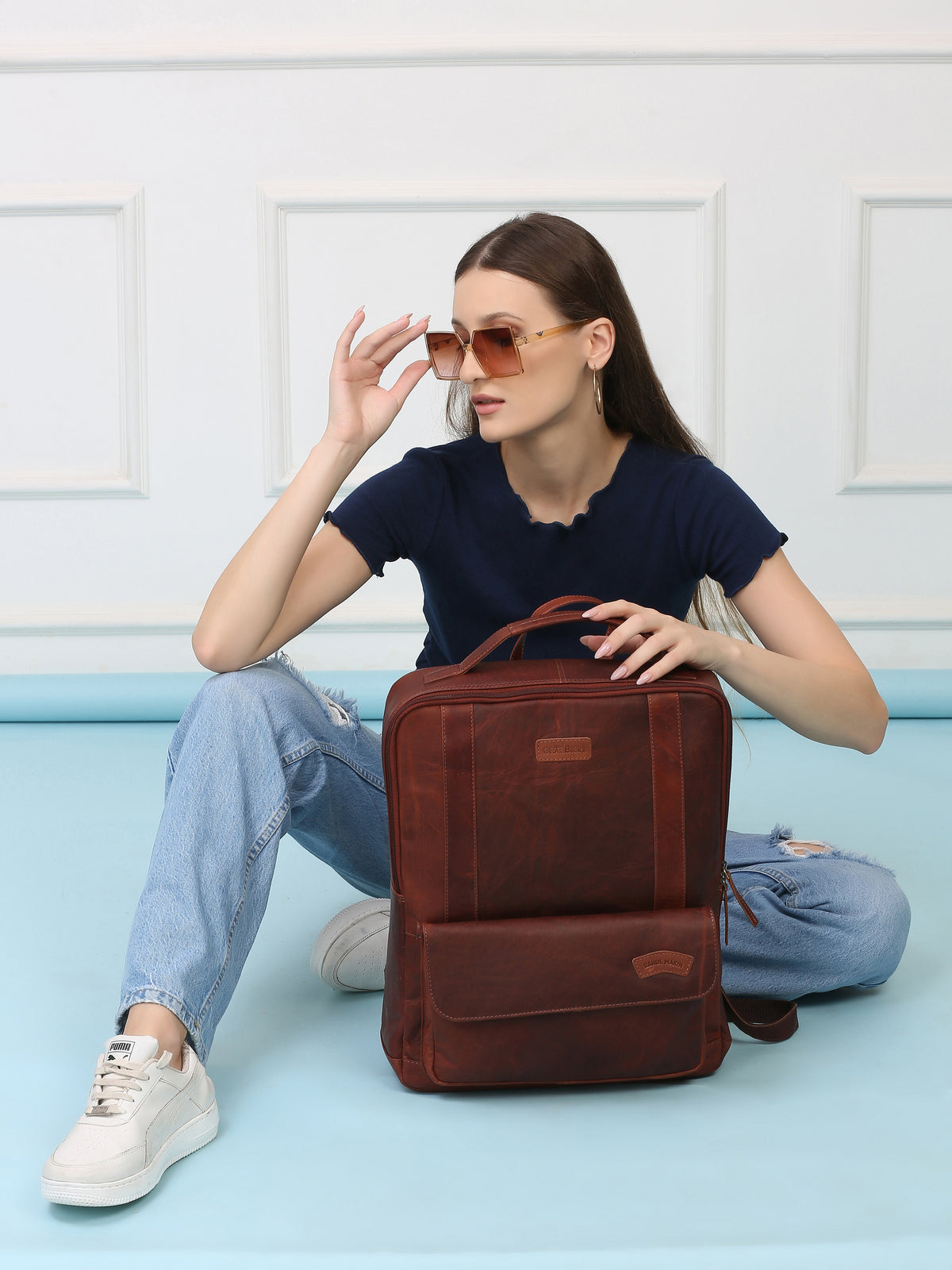 Brown Leather Backpack – Rahul Makin's Signature Monogram Edition | Stylish, Compact & Everyday Ready