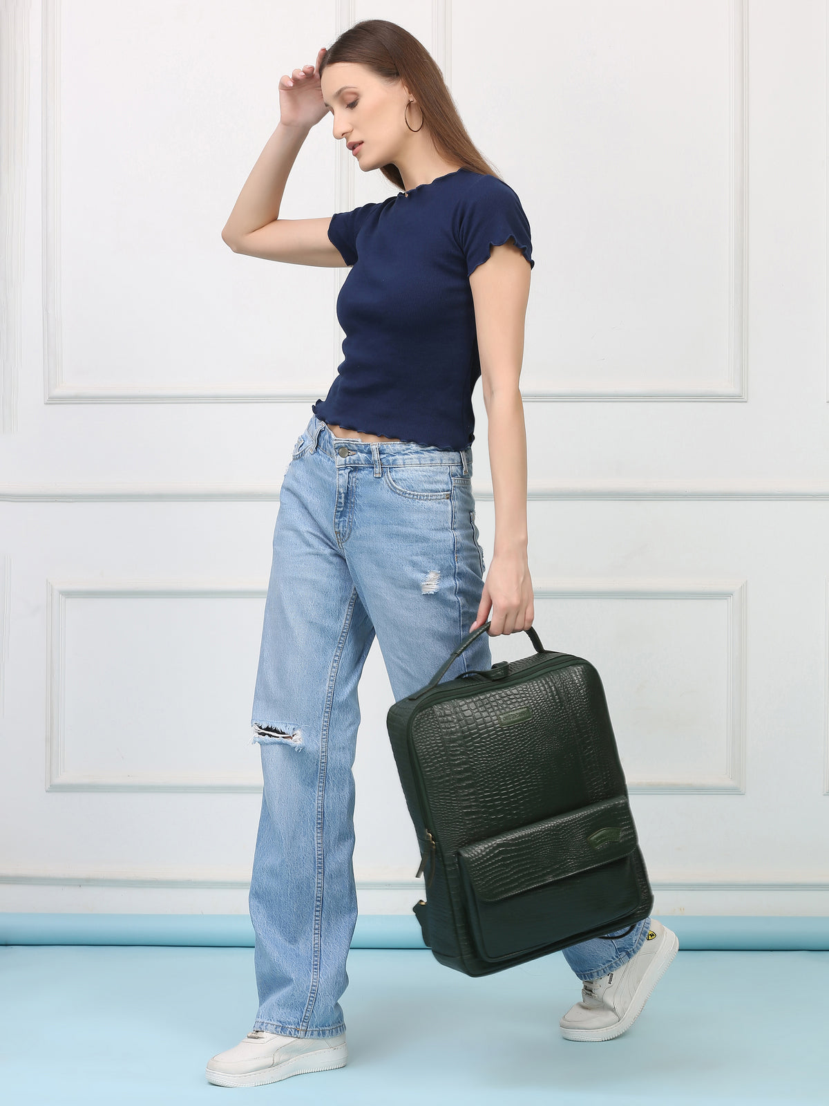Croco Green Leather Backpack – Rahul Makin's Signature Monogram Edition | Stylish, Compact & Everyday Ready