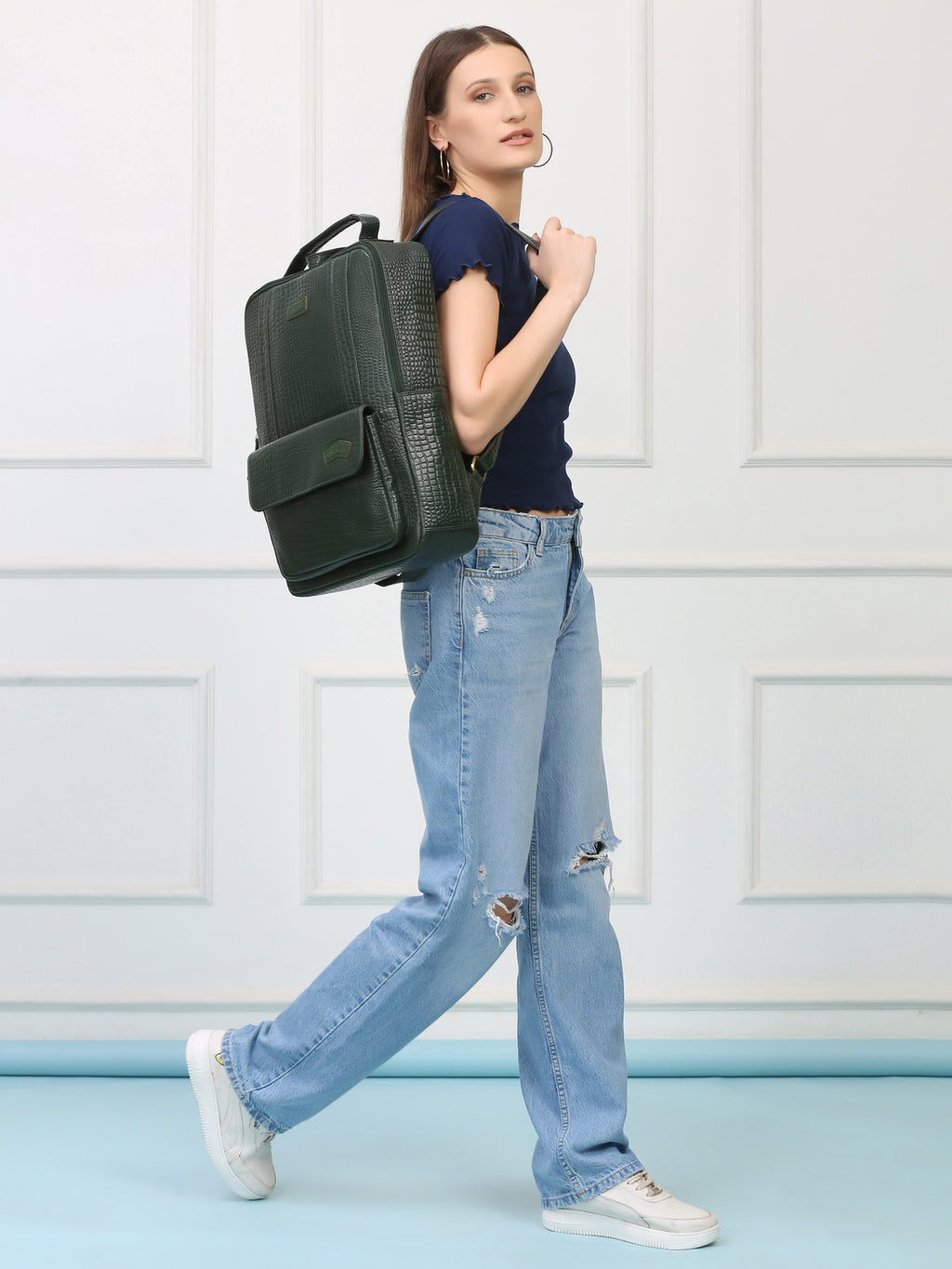 Croco Green Leather Backpack – Rahul Makin's Signature Monogram Edition | Stylish, Compact & Everyday Ready