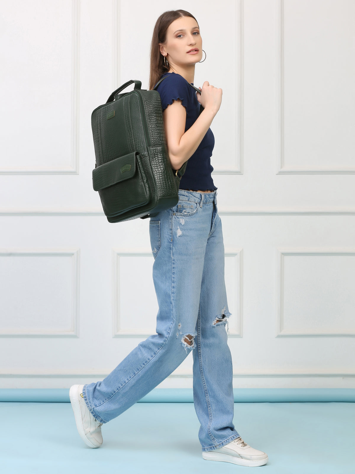 Croco Green Leather Backpack – Rahul Makin's Signature Monogram Edition | Stylish, Compact & Everyday Ready