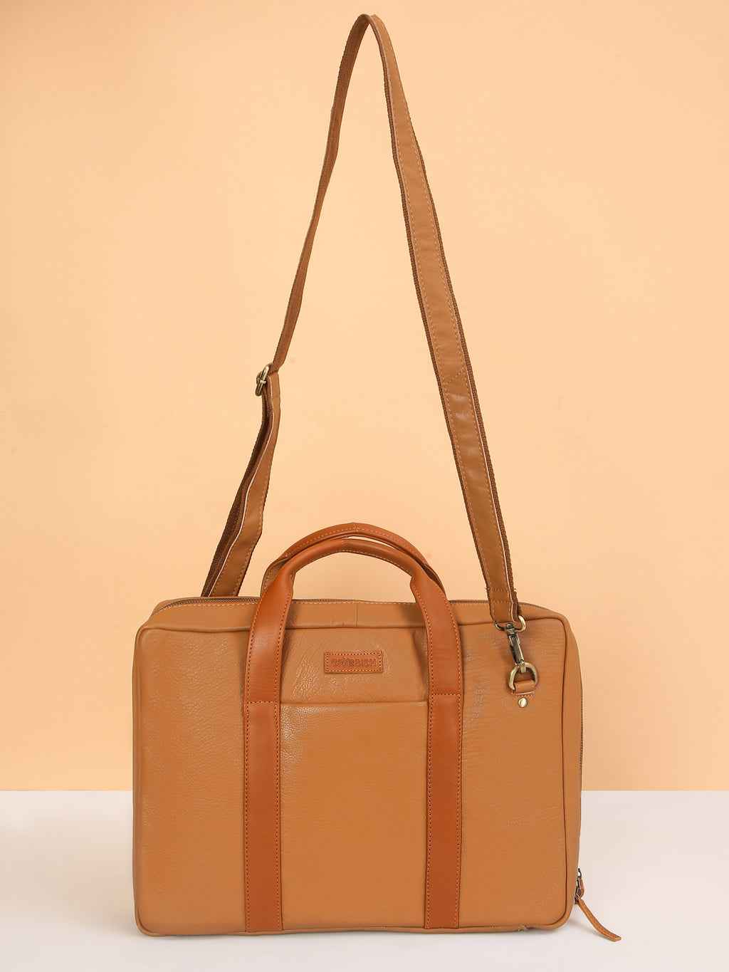 Tan Leather Travel Laptop Briefcase – Full-Zip, Spacious