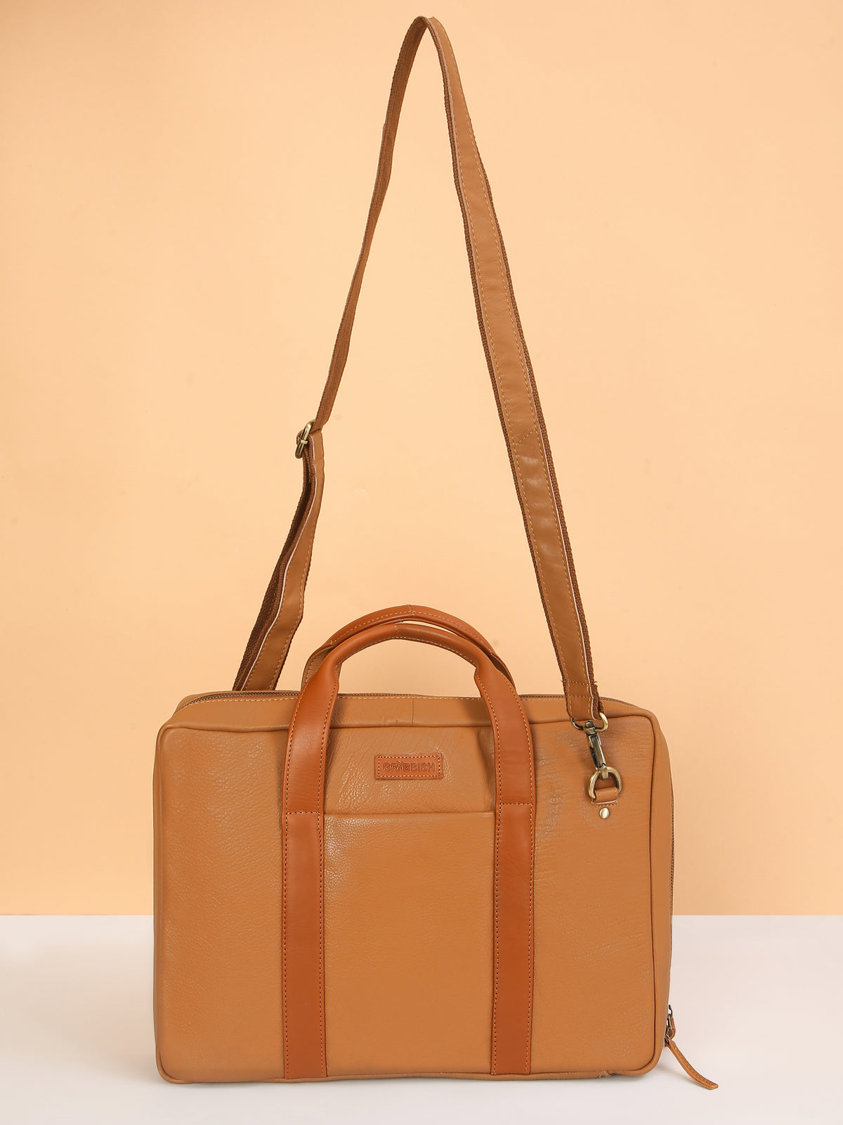 Tan Leather Travel Laptop Briefcase – Full-Zip, Spacious