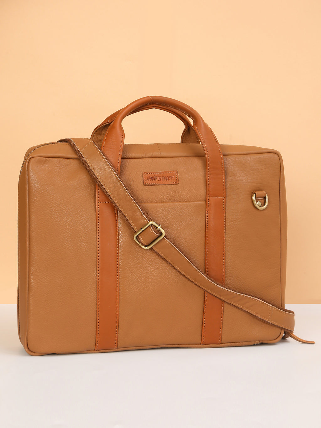 Tan Leather Travel Laptop Briefcase – Full-Zip, Spacious