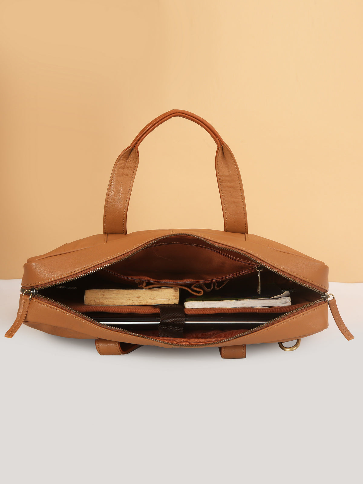 Tan Leather Travel Laptop Briefcase – Full-Zip, Spacious