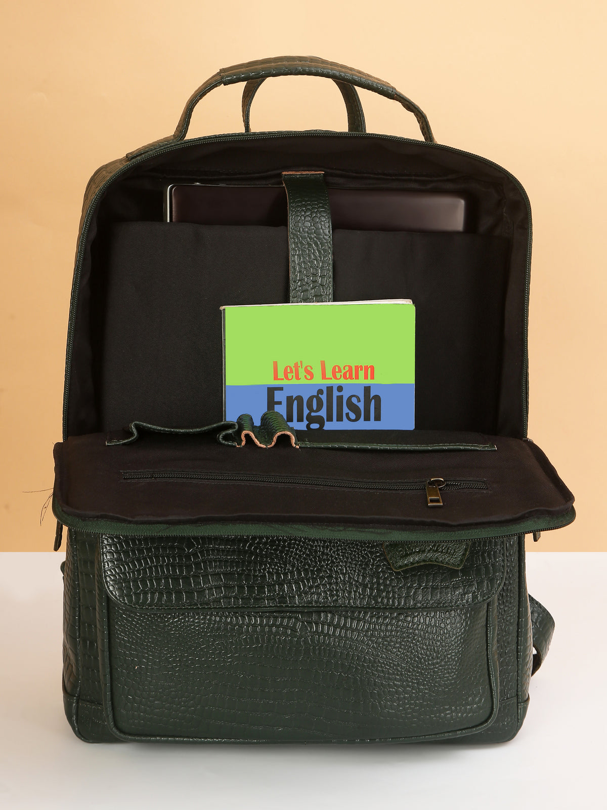 Croco Green Leather Backpack – Rahul Makin's Signature Monogram Edition | Stylish, Compact & Everyday Ready
