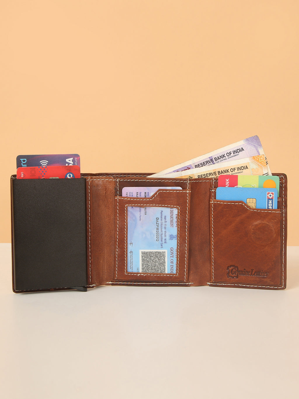 Brown Leather Trifold POP-UP Card Wallet – Unisex, RFID Protected