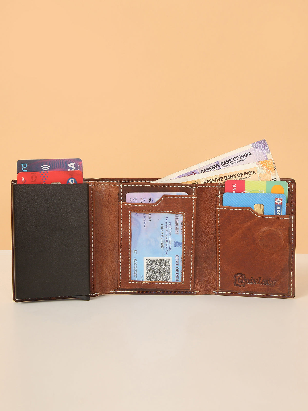 Brown Leather Trifold POP-UP Card Wallet – Unisex, RFID Protected