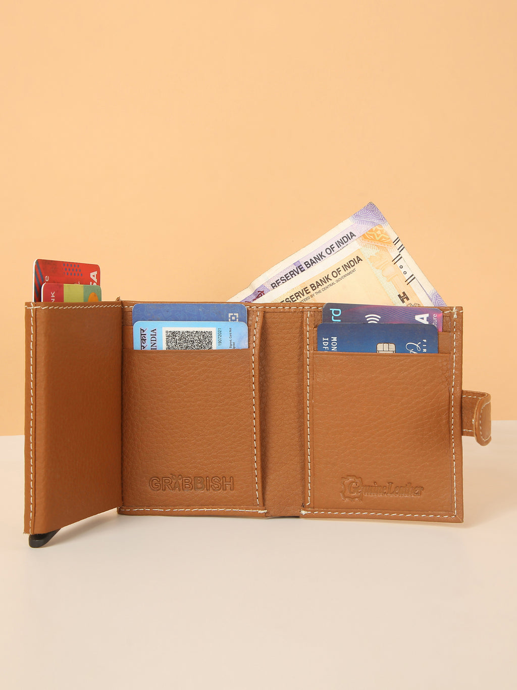 Tan POP-UP Card Wallet with RFID Protection