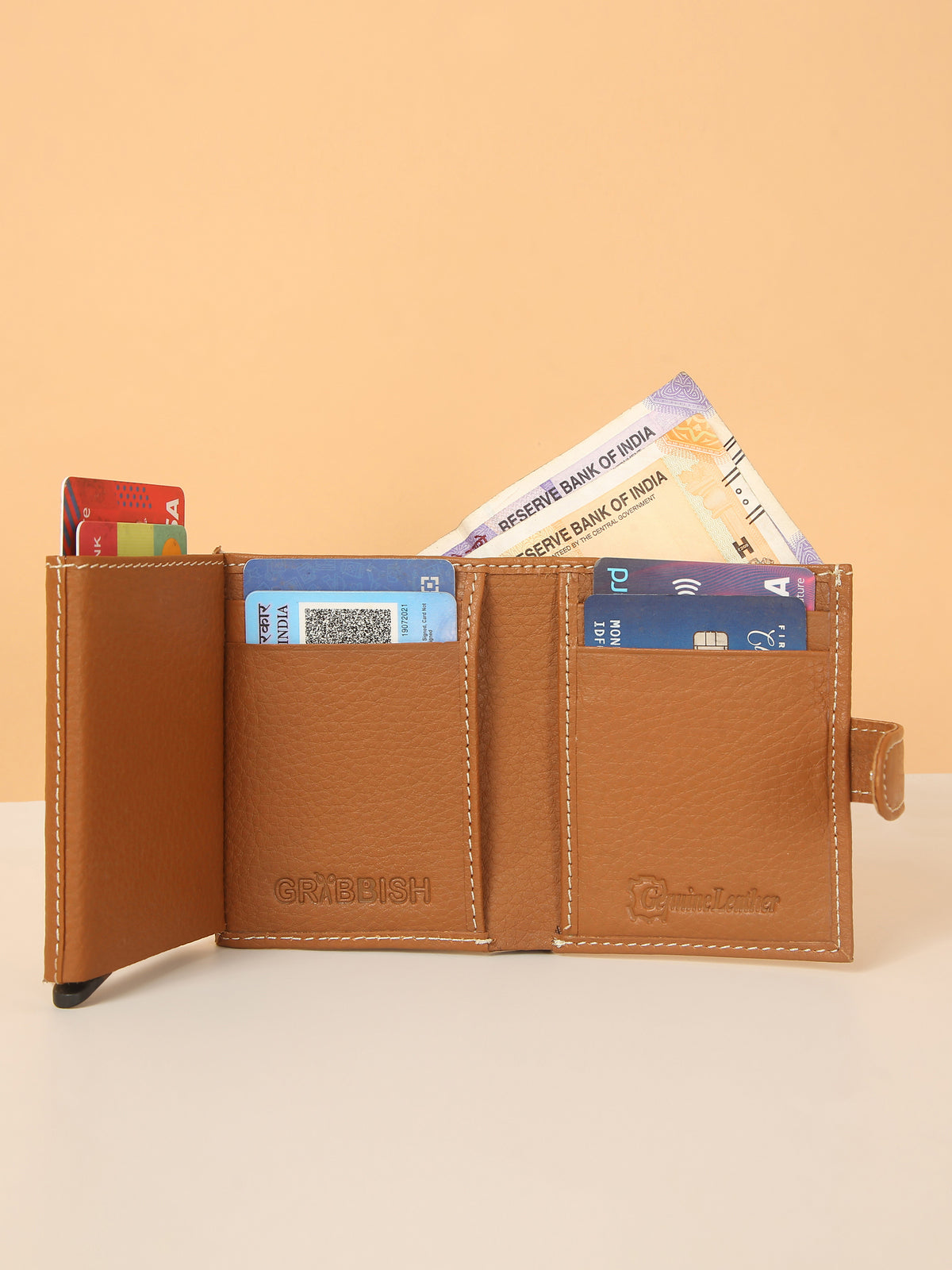 Tan POP-UP Card Wallet with RFID Protection