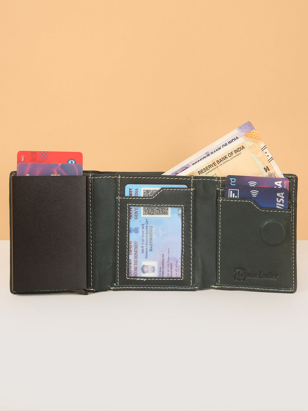 Green Leather Trifold POP-UP Card Wallet – Unisex, RFID Protected