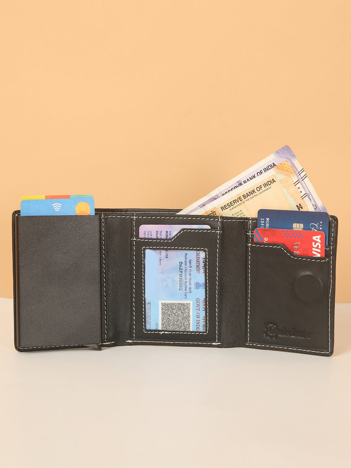Black Leather Trifold POP-UP Card Wallet – Unisex, RFID Protected