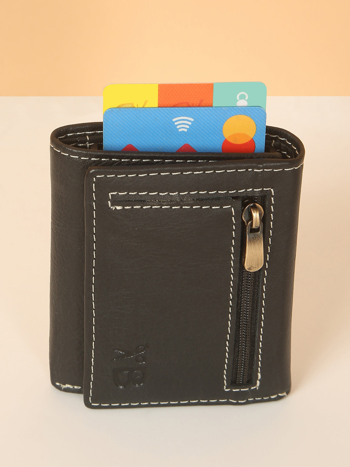 Black Leather Trifold POP-UP Card Wallet – Unisex, RFID Protected