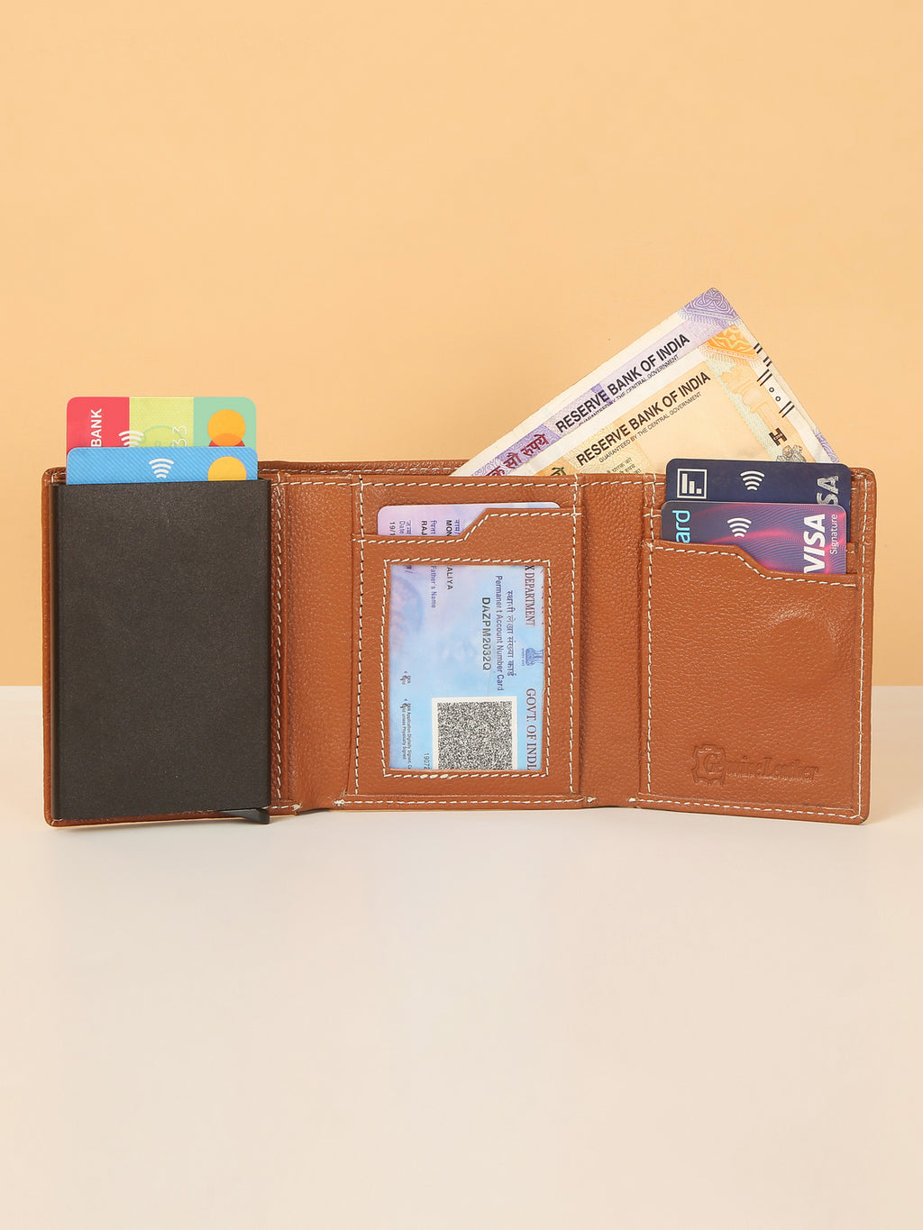 Tan Leather Trifold POP-UP Card Wallet – Unisex, RFID Protected