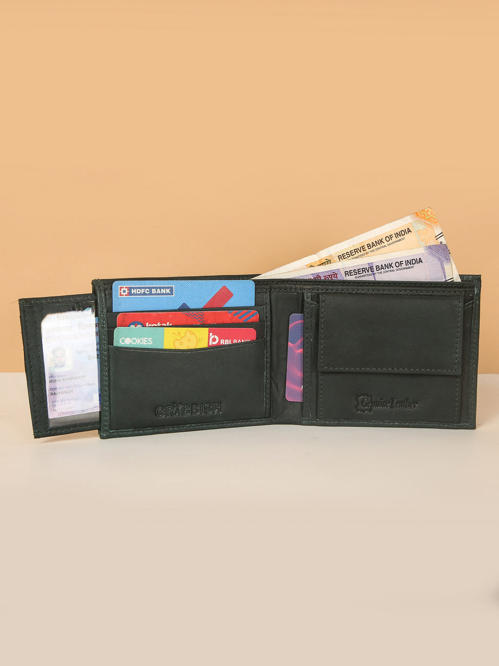 Green Bifold Leather Wallet for Men – Detachable Card Holder