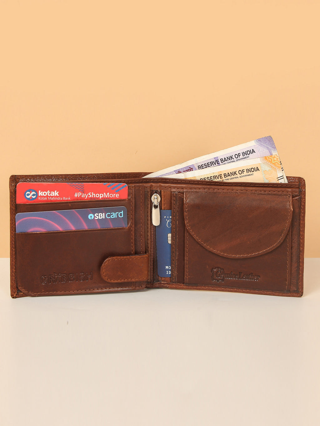 Wood-Finish Bifold Leather Wallet for Men