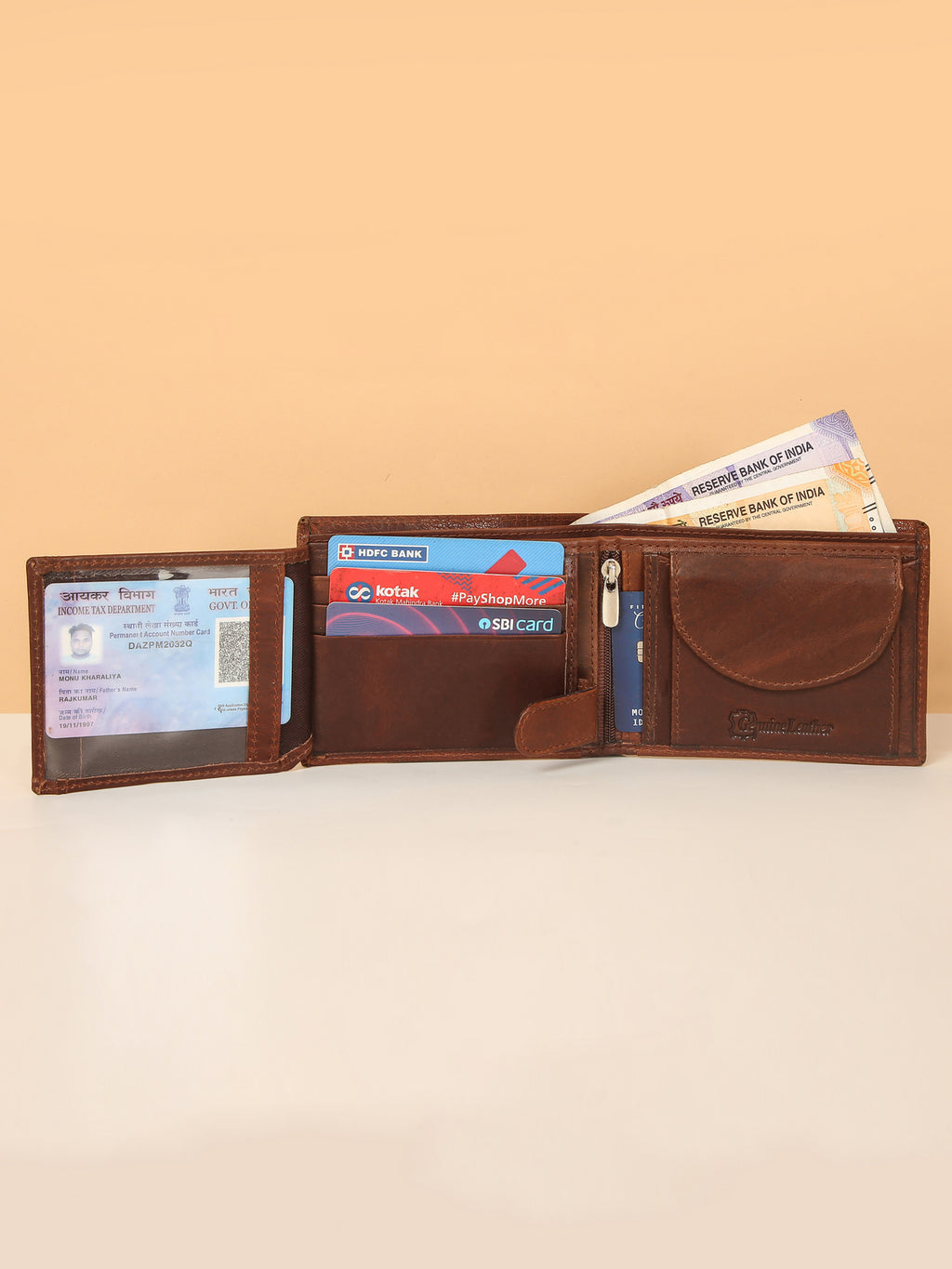 Wood-Finish Bifold Leather Wallet for Men