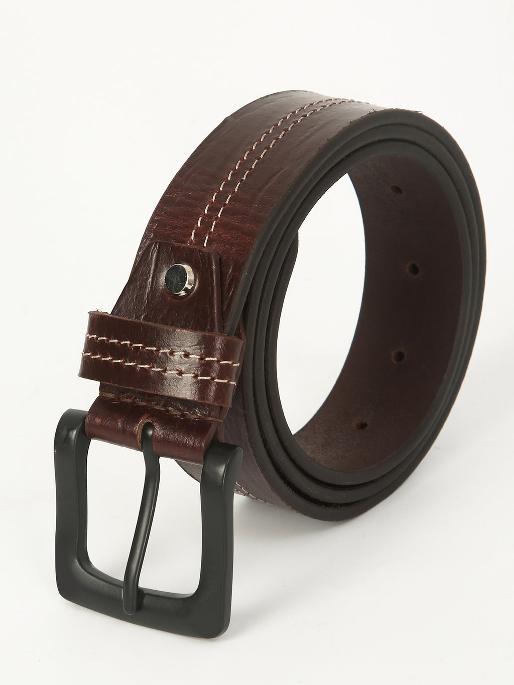 Casual Brown Leather Belt – Threaded Design in Genuine Leather
