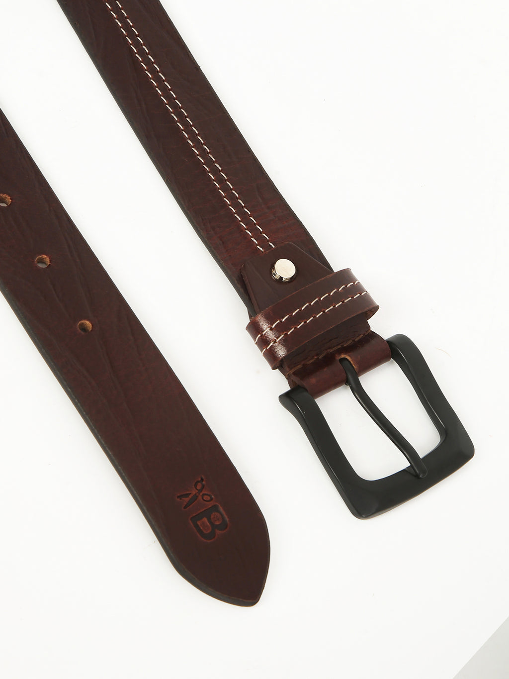 Casual Brown Leather Belt – Threaded Design in Genuine Leather