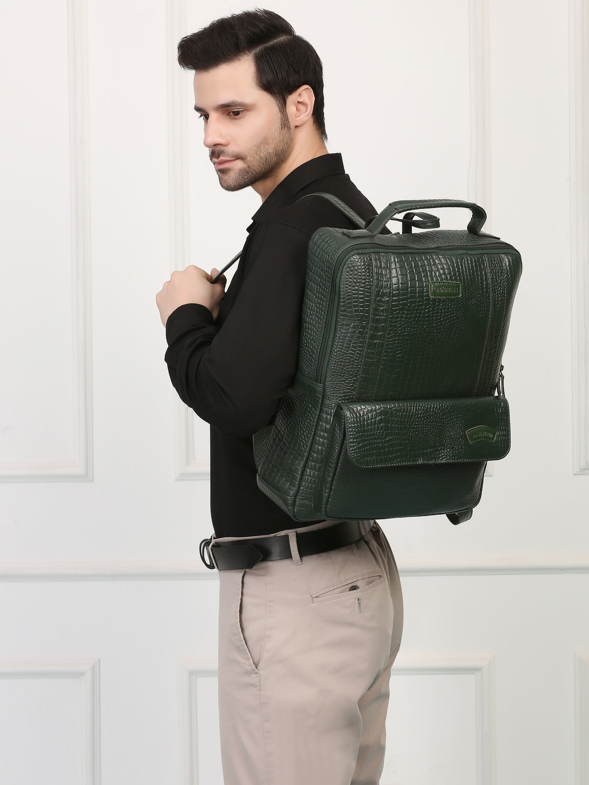Croco Green Leather Backpack – Rahul Makin's Signature Monogram Edition | Stylish, Compact & Everyday Ready