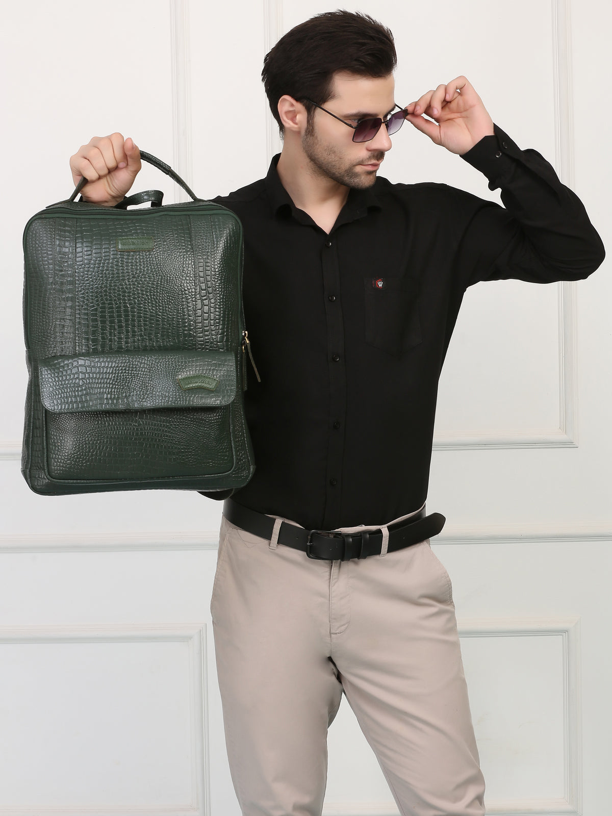 Croco Green Leather Backpack – Rahul Makin's Signature Monogram Edition | Stylish, Compact & Everyday Ready