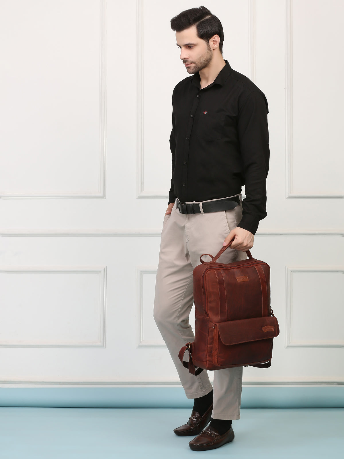 Brown Leather Backpack – Rahul Makin's Signature Monogram Edition | Stylish, Compact & Everyday Ready