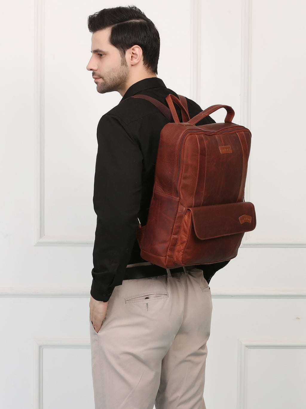Brown Leather Backpack – Rahul Makin's Signature Monogram Edition | Stylish, Compact & Everyday Ready