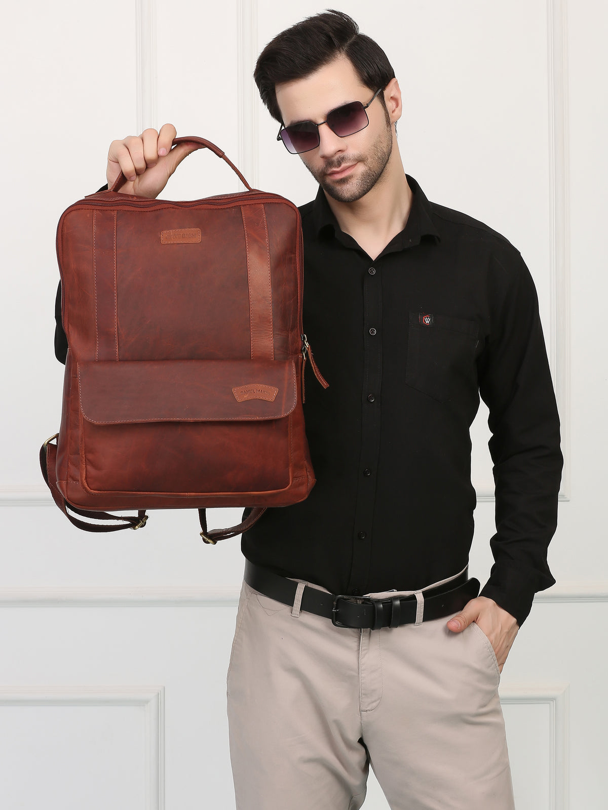Brown Leather Backpack – Rahul Makin's Signature Monogram Edition | Stylish, Compact & Everyday Ready