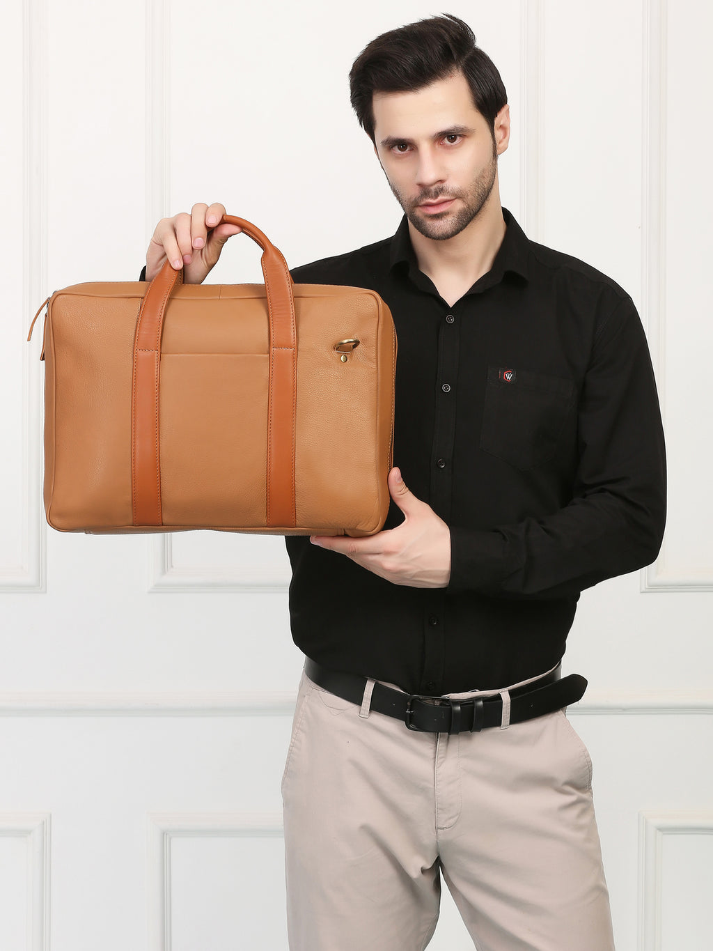 Tan Leather Travel Laptop Briefcase – Full-Zip, Spacious