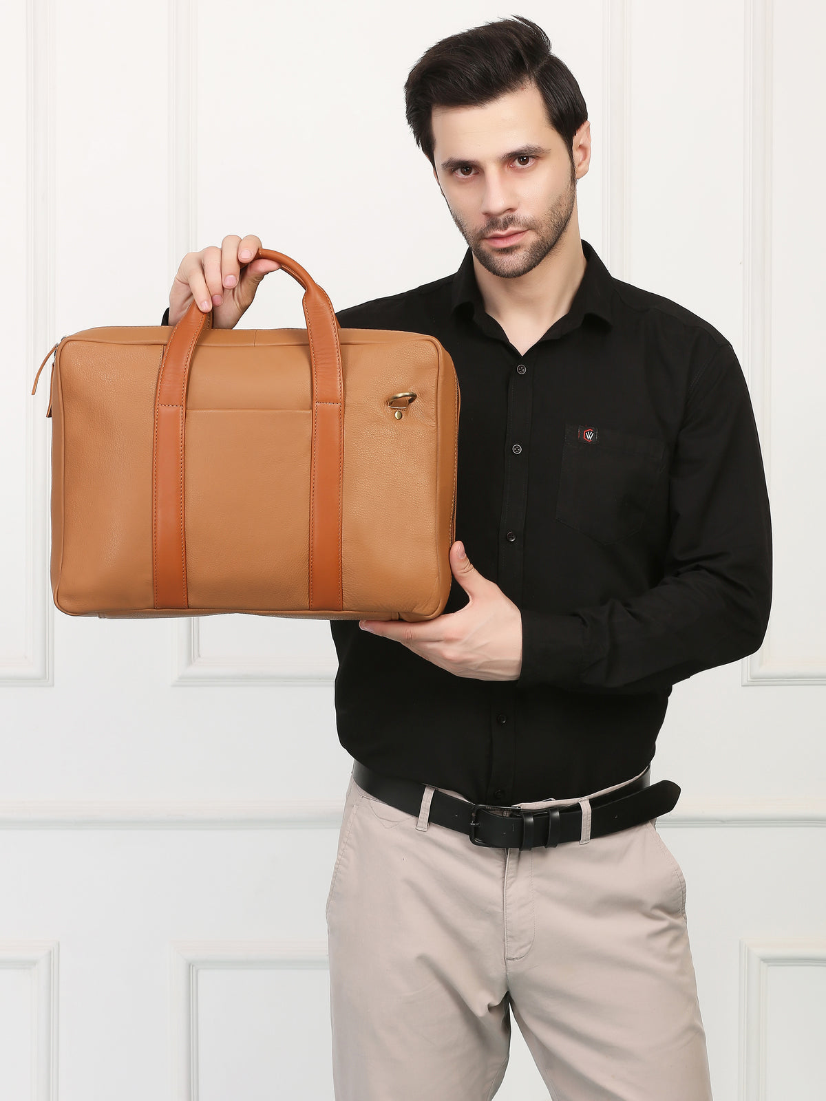 Tan Leather Travel Laptop Briefcase – Full-Zip, Spacious