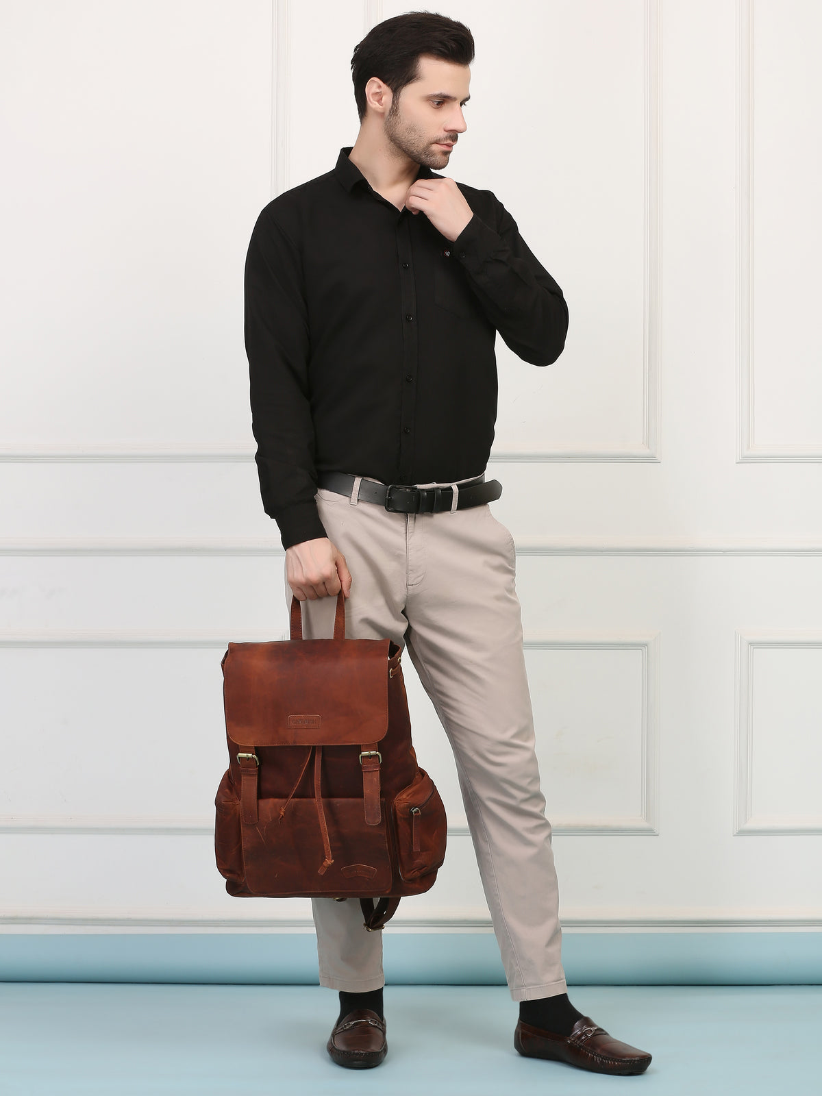 Brown Leather Backpack - Rahul Makin's Signature Monogram | Stylish, Travel Ready, and Accessible