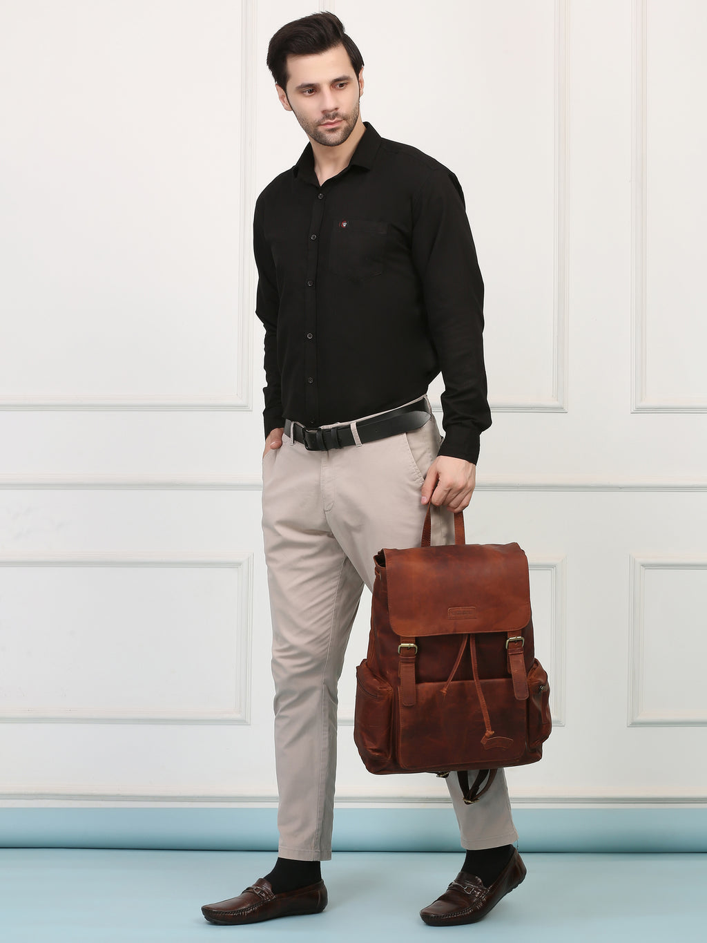 Brown Leather Backpack - Rahul Makin's Signature Monogram | Stylish, Travel Ready, and Accessible