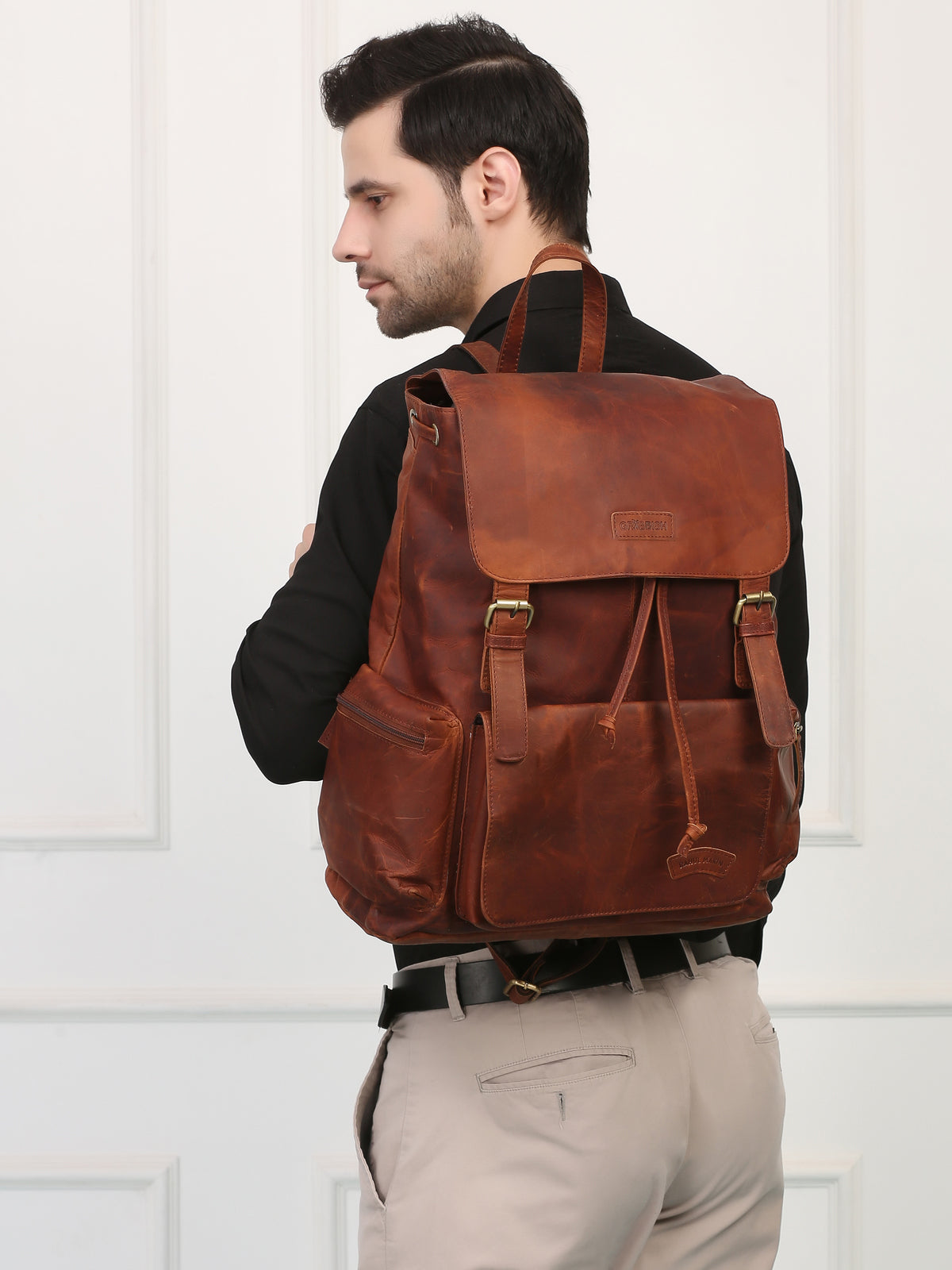 Brown Leather Backpack - Rahul Makin's Signature Monogram | Stylish, Travel Ready, and Accessible