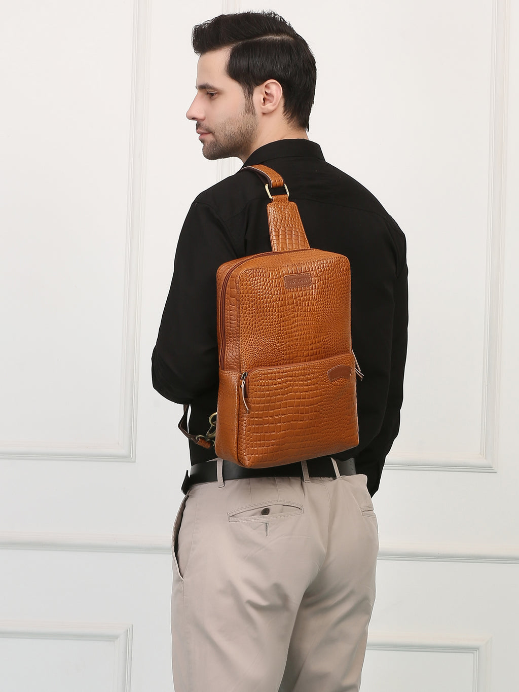 Tan Croco Luxe Chest Bag – Rahul Makin's Signature Monogram Edition