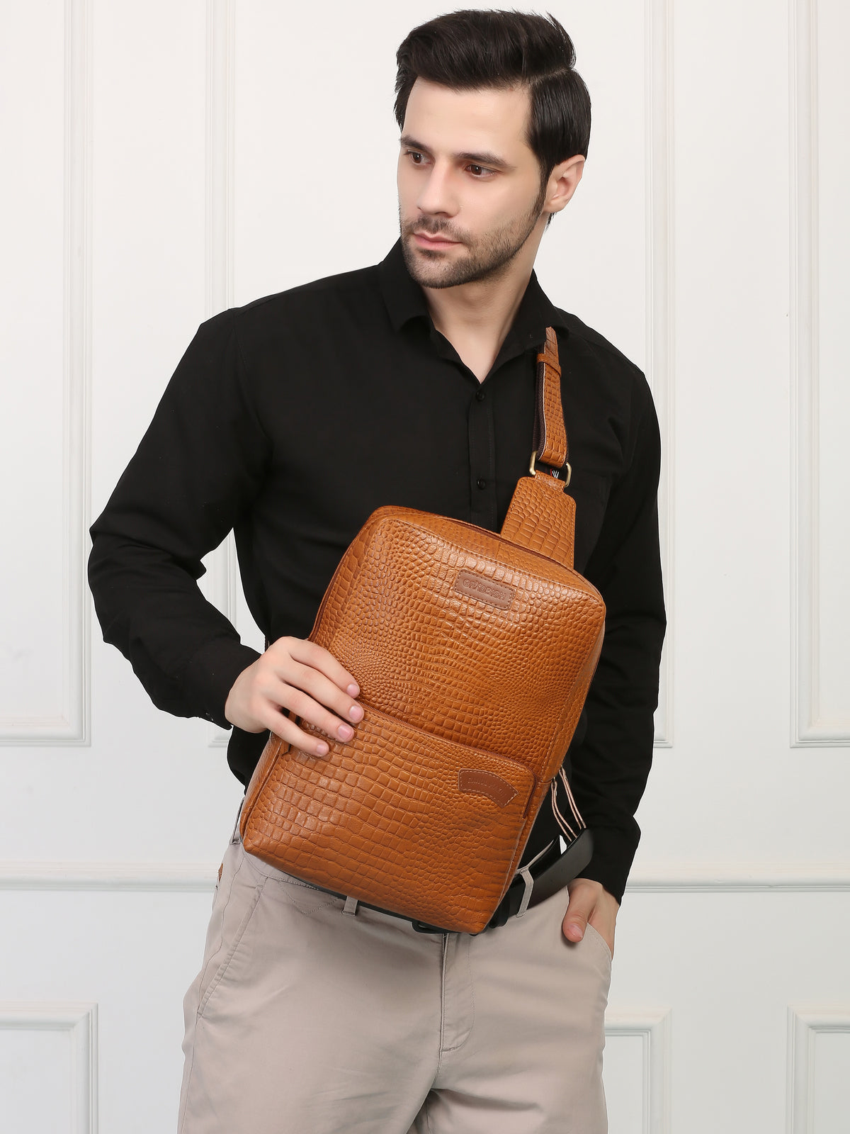 Tan Croco Luxe Chest Bag – Rahul Makin's Signature Monogram Edition
