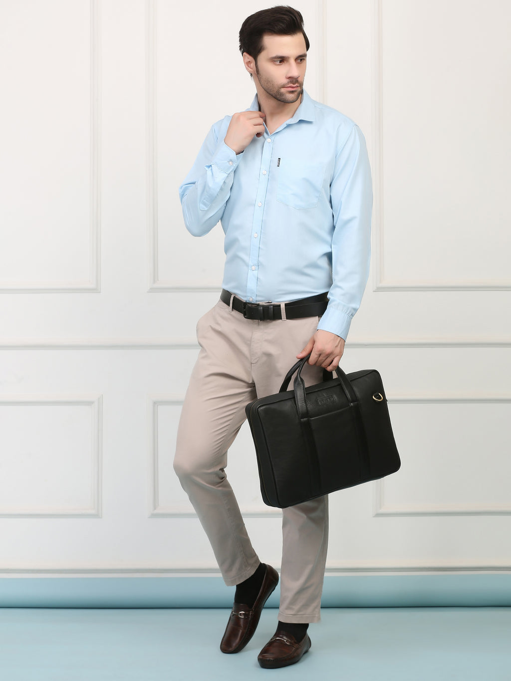 Black Leather Travel Laptop Briefcase – Full-Zip, Spacious