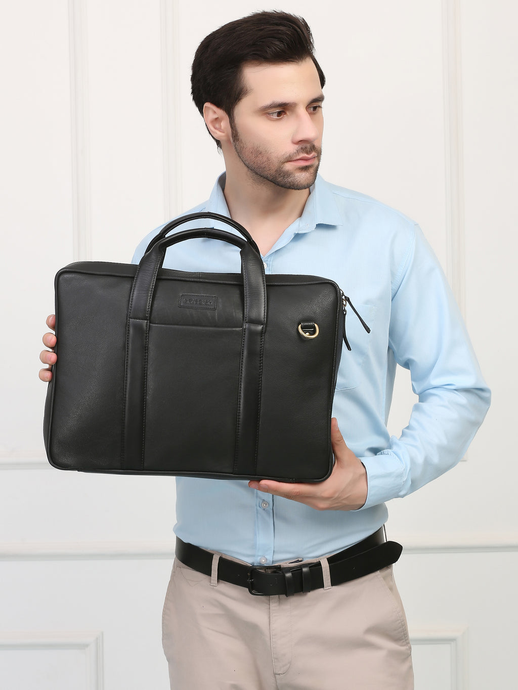 Black Leather Travel Laptop Briefcase – Full-Zip, Spacious