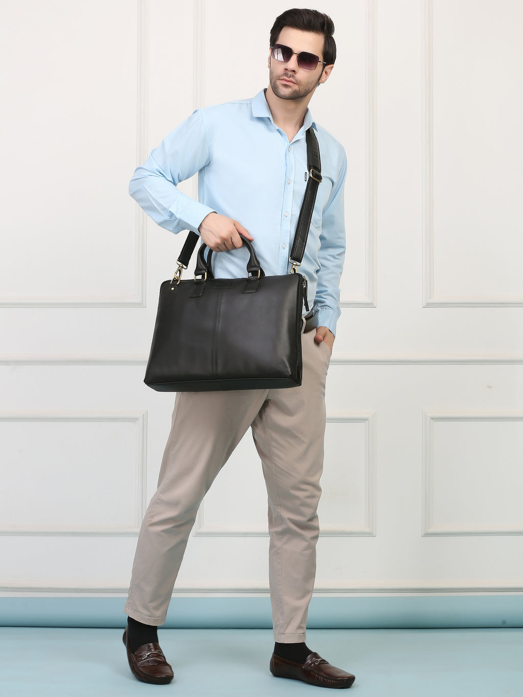 Black Leather Crossbody Laptop Bag – Sleek, Stylish & Functional